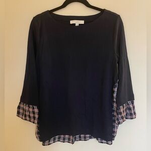 LOFT Dark Blue Blouse with Plaid Accents